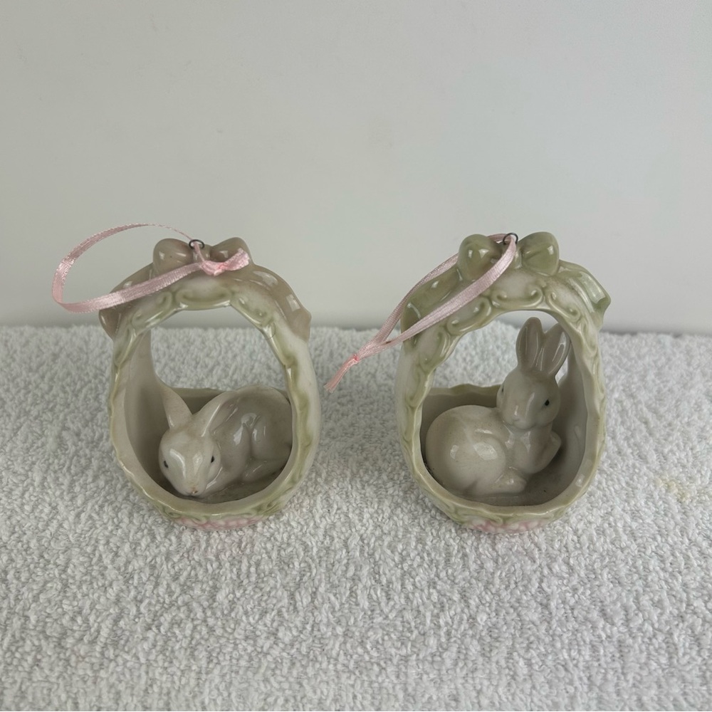 Set of 2 - Porcelain Bunny Ornaments with Pink Ribbon